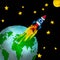 Plasticine colorful illustration with retro spaceship flight from Earth to moon