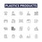 Plastics products line vector icons and signs. Products, Containers, Bags, Packaging, Tubes, Pipes, Toys, Moulding