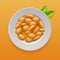 Plate with almonds nuts and green leaves. Realistic 3d illustration. Top view. Vector template for packaging design, labels