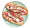 Plate of anchovies bread pizzas over white isolated background