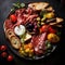 plate of antipasto, featuring a variety of cured meats, cheeses, marinated vegetables, and crusty bread by AI generated