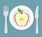 Plate with apple, fork and knife. Diet theme