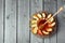 Plate with apple and honey for Jewish Holiday Rosh Hashana (New Year). View from above with copy space