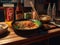 A plate of asian food and a glass of beer on a table. AI generative image . Japanese street food.