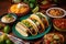 plate of assorted tacos, burritos, and nachos with spicy salsa and fresh guacamole