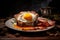 a plate with bacon eggs and a fried egg on it