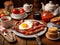 A plate of bacon, eggs, toast and tomatoes. AI generative image . English Breakfast.
