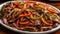 A Plate Of Beef Fajitas With Peppers And Onions. Generative AI