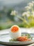 Plate with boiled egg, raw smoked salmon, and thyme. Summer breakfast outside at nature. Generative AI