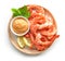 Plate of boiled prawns and salsa sauce