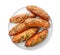 Plate of bread loaves with garlic and herbs on white background