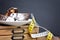 plate of bundt cakes placed on a wooden box with fork and measuring tape