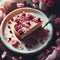 Plate of cheesecake with pink flowers everywhere.