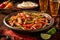Plate of chicken fajitas with bell peppers and onions