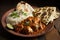 plate of chicken tikka masala, with side of warm naan and cool cucumber salad