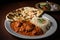 plate of chicken tikka masala, with side of warm naan and cool cucumber salad