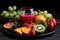 plate of colorful fruits and veggies, with a glass of juice in the background