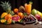 plate of colorful fruits and veggies, with a glass of juice in the background