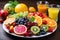 plate of colorful fruits and veggies, with a glass of juice in the background