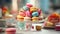 A plate of colorful macaroons on a table