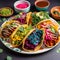 A plate of colorful vegan tacos with a variety of topping generative AI