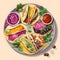 A plate of colorful vegan tacos with a variety of topping one generative AI