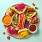 A plate of colorful vegan tacos with a variety of topping three generative AI