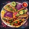 A plate of colorful vegan tacos with a variety of topping two generative AI