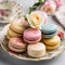 Plate containing a compilation of assorted macarons, Ai-generated.