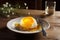 A plate contains a deliciously cooked egg alongside a handy fork, presenting an easy and satisfying breakfast option, Open organic