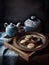A plate of cookies and a teapot on a table. AI generative image . Korean still life.