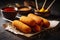 A plate of corn dogs with condiments on the side. AI generation