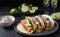 A plate of crispy fish tacos with cabbage slaw and lime
