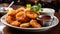 A Plate of Crispy and Flavorful Coconut Shrimp with a Sweet Chili Dipping Sauce on Blurry Background