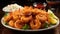 A Plate of Crispy and Flavorful Coconut Shrimp with a Sweet Chili Dipping Sauce on Blurry Background