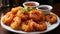 A Plate of Crispy and Flavorful Coconut Shrimp with a Sweet Chili Dipping Sauce on Blurry Background