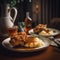 A plate of crispy fried chicken with mashed potatoes and gravy