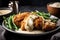 plate of crispy fried chicken with mashed potatoes, green beans and gravy