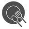 Plate and cutlery solid icon. Dinner place with spoon and fork glyph style pictogram on white background. Empty