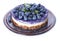 Plate with delicious blueberry cheesecake on white background