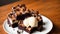 A Plate Of Delicious Brownies With A Scoop Of Vanilla Ice Cream. Generative AI