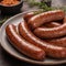 Plate with delicious grilled sausage. Generative AI