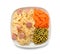 Plate with delicious macaroni, vegetables and cut sausages on white background