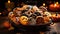 Plate of delicious orange and black gingerbread cookies with cinnamon and orange zest close-up on holiday table