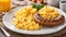 A plate of delicious scrambled eggs and breakfast sausage with coffee and orange juice.