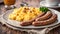 A plate of delicious scrambled eggs and breakfast sausage with coffee and orange juice.