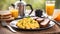 A plate of delicious scrambled eggs and breakfast sausage with coffee and orange juice.