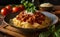 Plate of delicious spaghetti bolognese rustic italian restaurant food photography