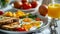 Plate with egg toast, fruit and glass of orange juice. selective focus. Generative AI,