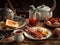 A plate of eggs, bacon, toast, and coffee on a table. AI generative image . English Breakfast.